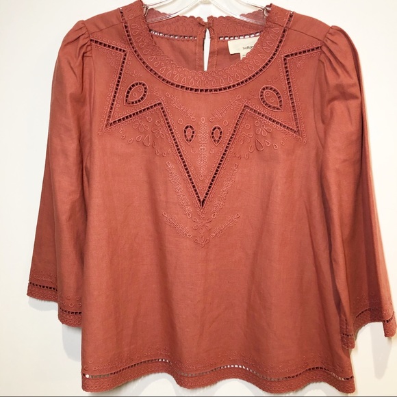 the korner Tops - Anthropologie The Korner Blouse M Embroidered cotton linen 3/4 sleeves